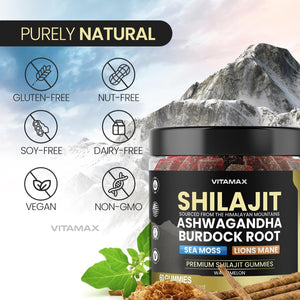 Pure Shilajit Gummies, Sea Moss, Ashwagandha, 105+ Trace Minerals – Organic Burdock Root & Lions Mane Mushroom – Watermelon Flavor - Vegan & Non-Gmo – Made in USA – 60Ct