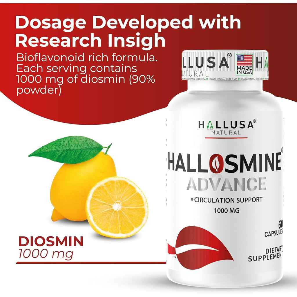 Hallosmine Advance 1000Mg Diosmin Capsules – Max Strength Circulation & Vein Support Supplement, Vascular Health, Visible Veins, Spider Veins, Blood Flow, Swelling & Heavy Legs, 60 Count