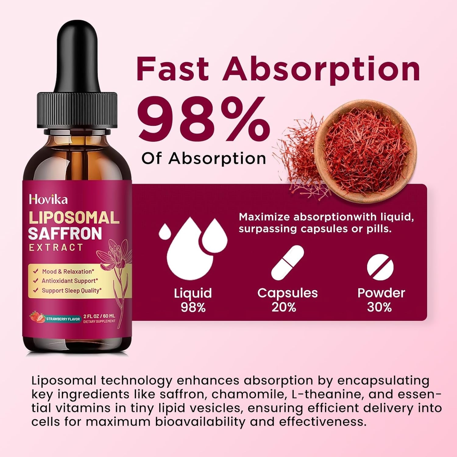 2 Pack Liposomal Saffron Supplements - 88.5Mg Saffron Extract Liquid Drops with L-Theanine, Chamomile, Vitamin C, B6, B12 & D3 for Antioxidant, Immune, Mood, Energy, Focus & Sleep - Strawberry Flavor