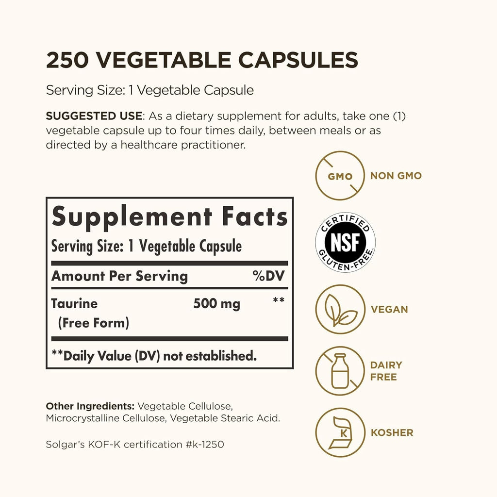 Solgar Taurine 500 Mg, 250 Vegetable Capsules - Antioxidant - Brain Health - Amino Acid - Vegan, Gluten Free, Dairy Free, Kosher - 250 Servings