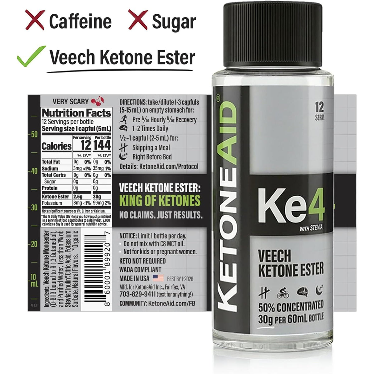 Ketoneaid Ke4 Ketone Ester Concentrate | Not a Ketone Salt, No Sugar, No Caffeine | Exogenous D-BHB Ester | 12 Serving per Bottle (1 Count)