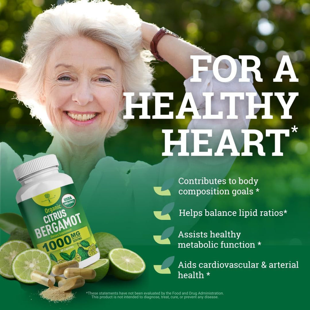 Organic Citrus Bergamot Supplement - Only USDA, Cardiologist Formulated with 200+ Scientific Studies -1000Mg - Patented Extract, Heart, Cholesterol, & Lipid - Italian Bergamot High Polyphenols 60Caps