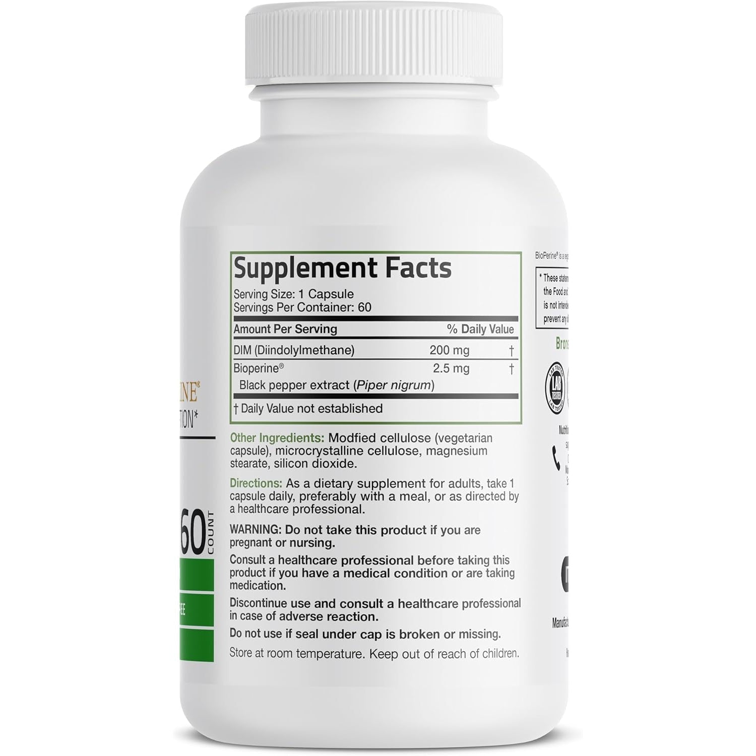 Bronson DIM 200 MG Supplement Diindolymethane with Bioperine for Enhanced Absorption, Estrogen Metabolism & Maintains Balanced Hormone Levels, 60 Vegetarian Capsules
