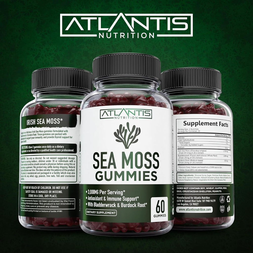 Irish Sea Moss Gummies - 3000MG - Formulated W/ Irish Sea Moss, Bladderwrack & Burdock Root, Contain Essential Vitamin & Mineral - Antioxidant-Rich Superfood Supplement, 60 Sea Moss Gummies for Adults