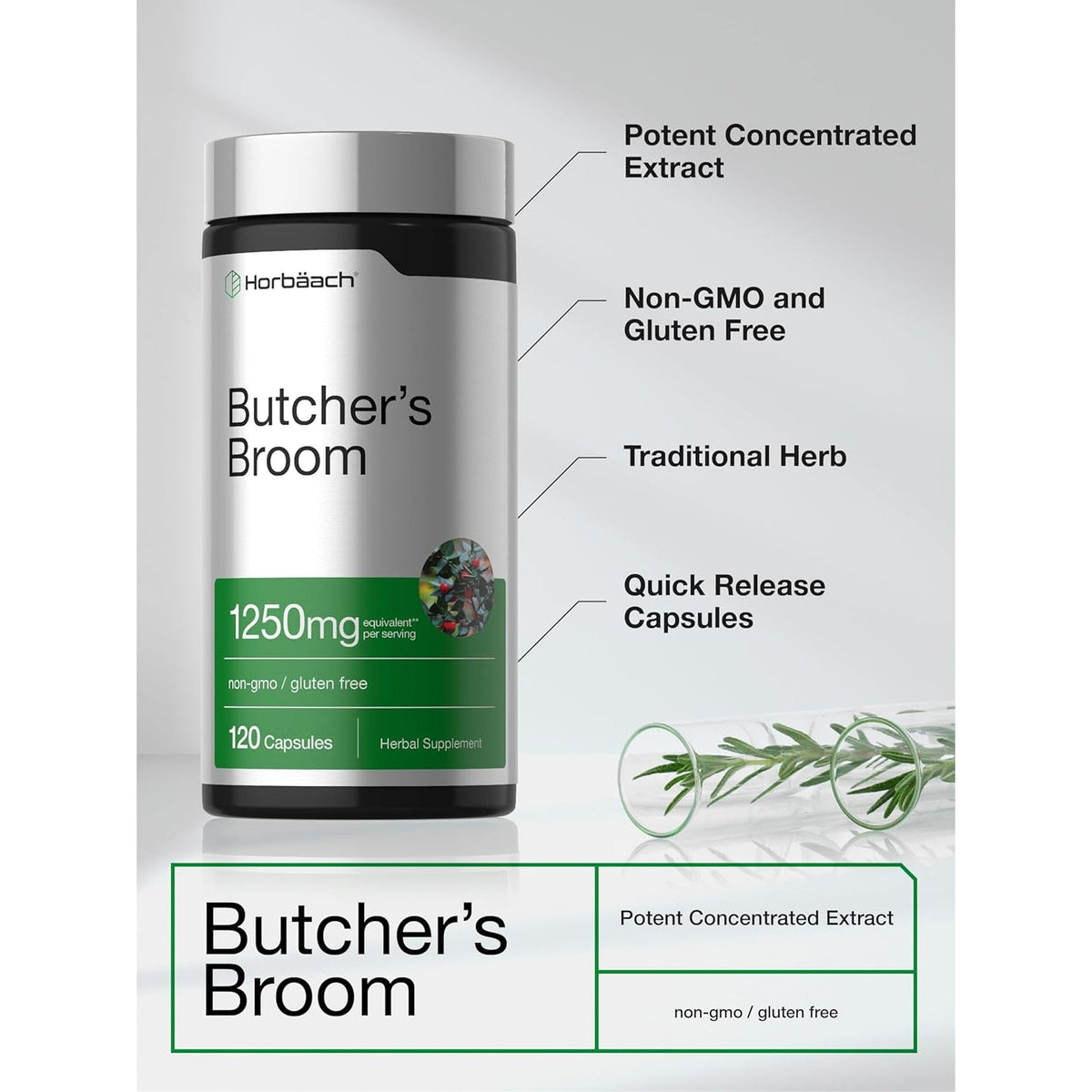 Horbaach Butchers Broom Capsules | 120 Count | Non-Gmo, Gluten Free | Traditional Herb Root Extract Supplement