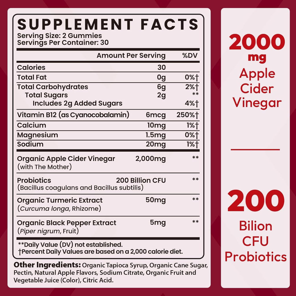 Apple Cider Vinegar Gummies 2000Mg, Keto ACV Gummies with Probiotics, Keto Support & B12, Apple Cider Vinegar with Mother for Digestion, Metabolism, Detox & Cleanse - Vegan, Low Sugar, 60 Counts