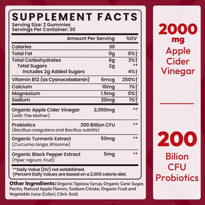 Apple Cider Vinegar Gummies 2000Mg, Keto ACV Gummies with Probiotics, Keto Support & B12, Apple Cider Vinegar with Mother for Digestion, Metabolism, Detox & Cleanse - Vegan, Low Sugar, 60 Counts