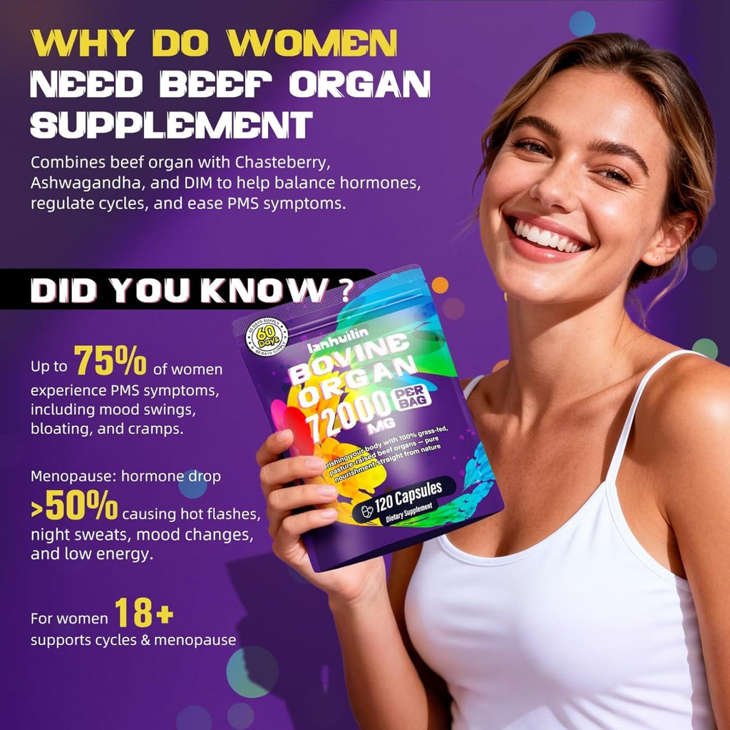 Beef Organ Supplement for Women - 100% Grass Fed Beef Organs with Bovine Liver, Ovary, Uterus, Kidney, Heart & Fallopian Tubes - PMS, Menopause & Energy, Immune & Mood Support, 120 Count