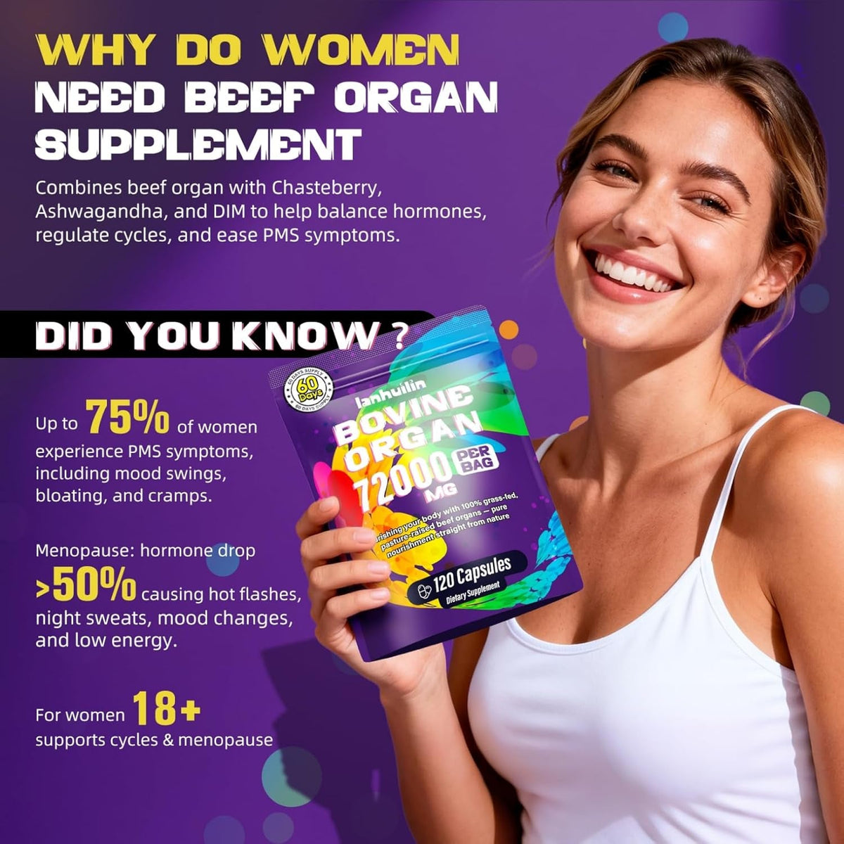 Beef Organ Supplement for Women - 100% Grass Fed Beef Organs with Bovine Liver, Ovary, Uterus, Kidney, Heart & Fallopian Tubes - PMS, Menopause & Energy, Immune & Mood Support, 120 Count