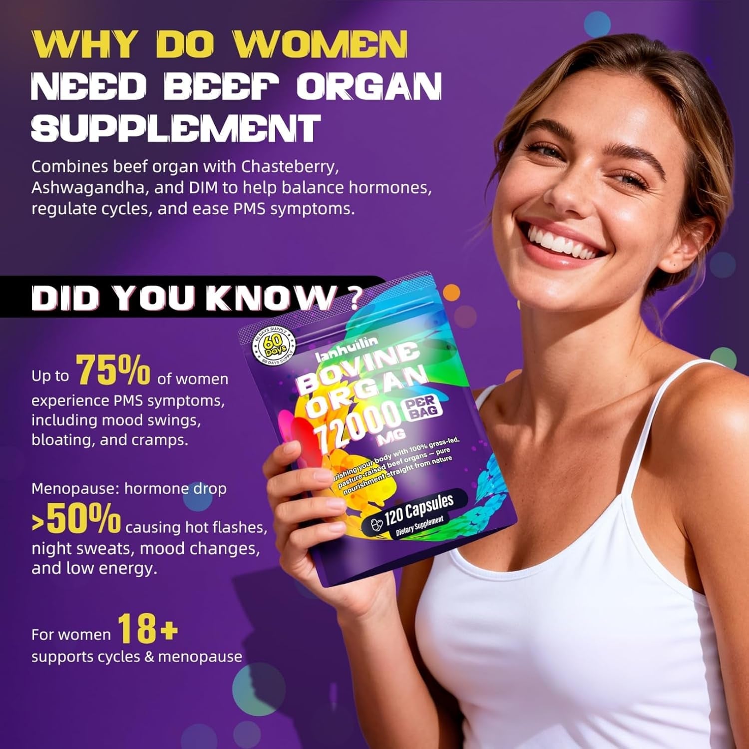 Beef Organ Supplement for Women - 100% Grass Fed Beef Organs with Bovine Liver, Ovary, Uterus, Kidney, Heart & Fallopian Tubes - PMS, Menopause & Energy, Immune & Mood Support, 120 Count