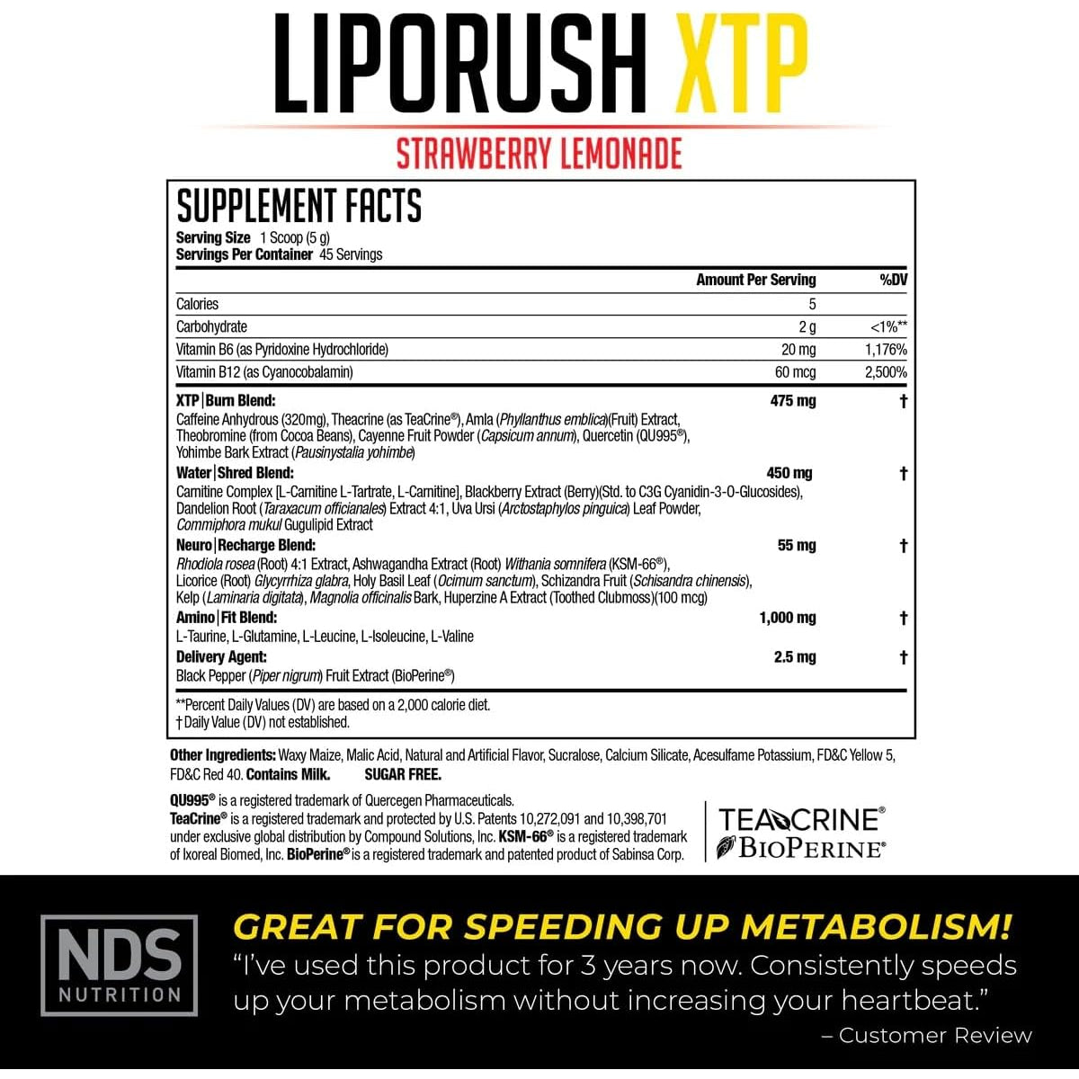 LIPORUSH NDS Nutrition XTP Thermogenic Fat Burner with L-Carnitine - Energy, Focus, and Appetite Control - Extreme Thermogenic Fat Burning Powder Weight Loss - Strawberry Lemonade (45 Servings)
