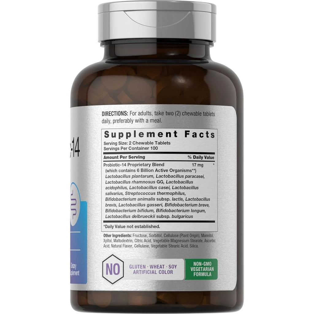 Horbäach Probiotics 6 Billion Cfus | 200 Chewable Tablets | Berry Flavor | 14 Probiotic Strains | Vegetarian, Non-Gmo & Gluten Free Supplement for Men & Women