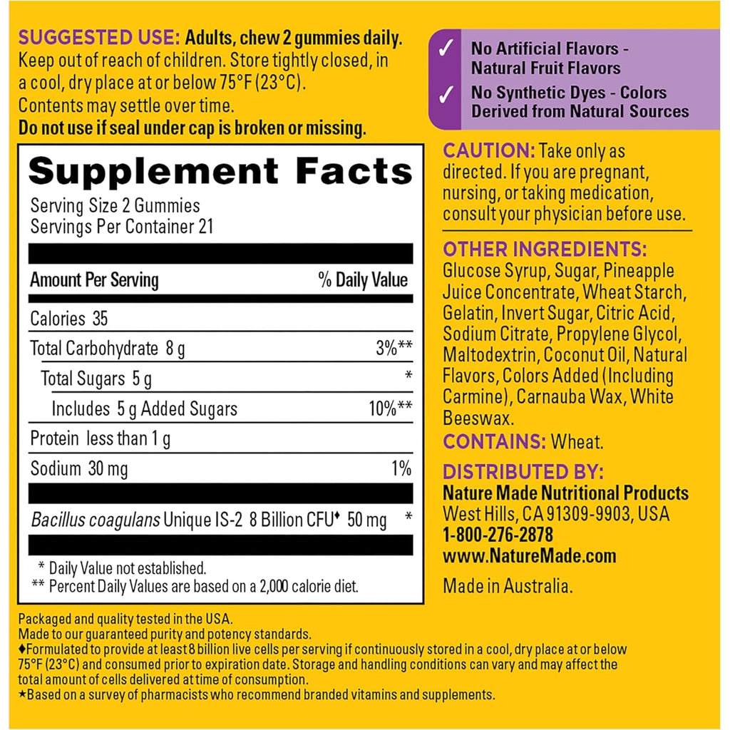 Nature Made Probiotics, Probiotics for Women and Men 8 Billion CFU per 2 Gummies, 42 Probiotic Gummies, 21 Day Supply