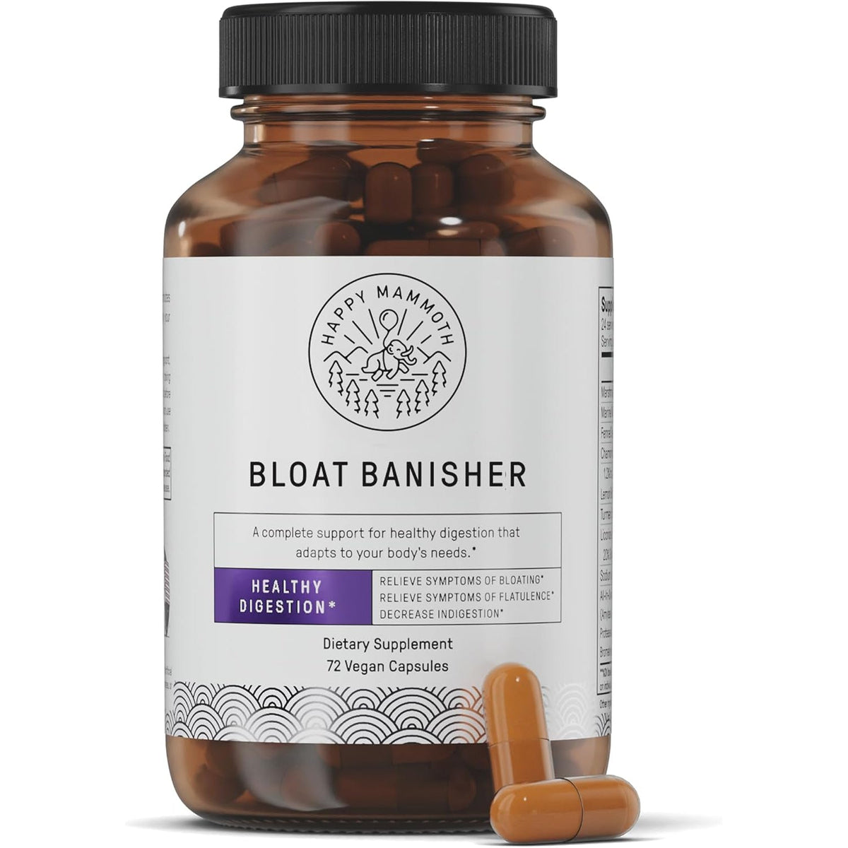 Happy Mammoth Bloat Banisher Natural Relief for Bloating, Gas, Indigestion & Discomfort. Promotes Healthy Digestion of Even Difficult Foods like Dairy, Breads, Pizza, Cheese & Meats. 72 Caps