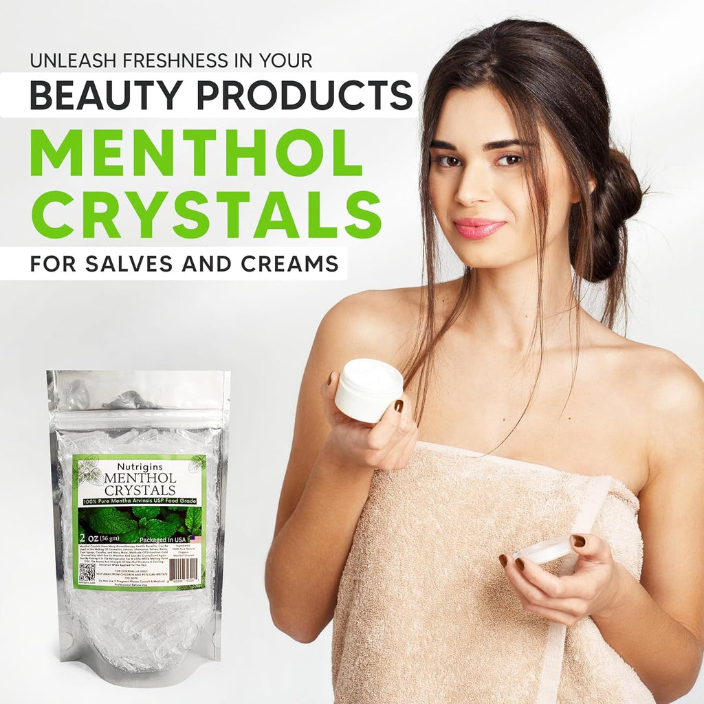 Menthol Crystal 2 Oz - Pure Organic 100% Natural - Menthol Crystals from Mint Crystal Mints Mentha Arvensis - Comes in Resealable Standup Bag for Long-Lasting Freshness