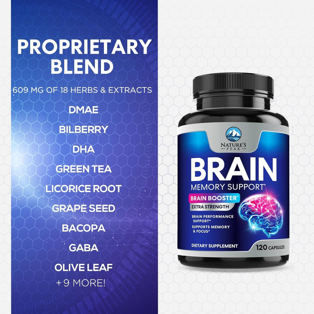 Brain Memory Supplement Pills - 3X Strength Nootropics for Concentration, Clarity & Focus Support - Brain Health Cognitive Vitamins with Bacopa, Phosphatidylserine & DMAE, Brain Booster, 120 Capsules