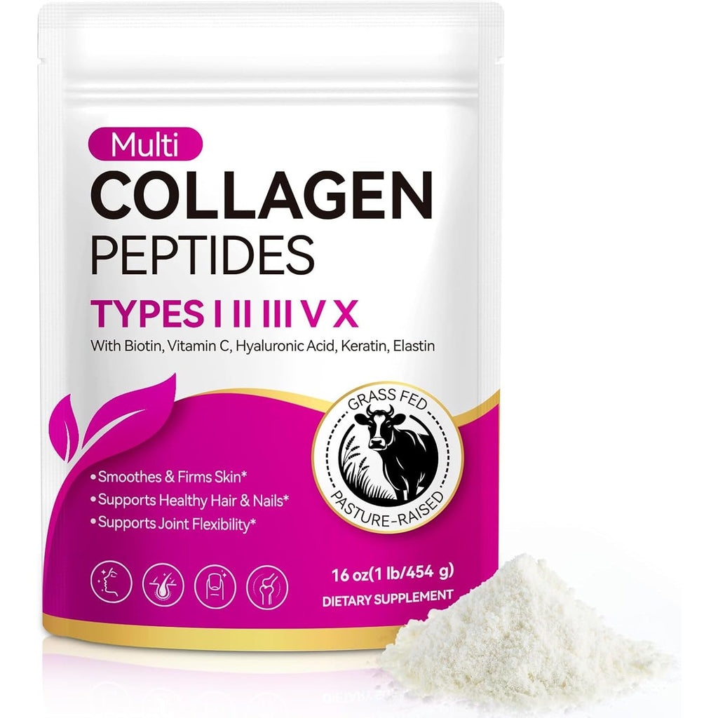 Multi Collagen Peptides Powder,Type I, II, III, V, X,With Biotin,Vitamin C,Hyaluronic Acid,Supports Healthy Joint, Hair, Skin & Nail Support,Grass-Fed, Non-Gmo,16Oz