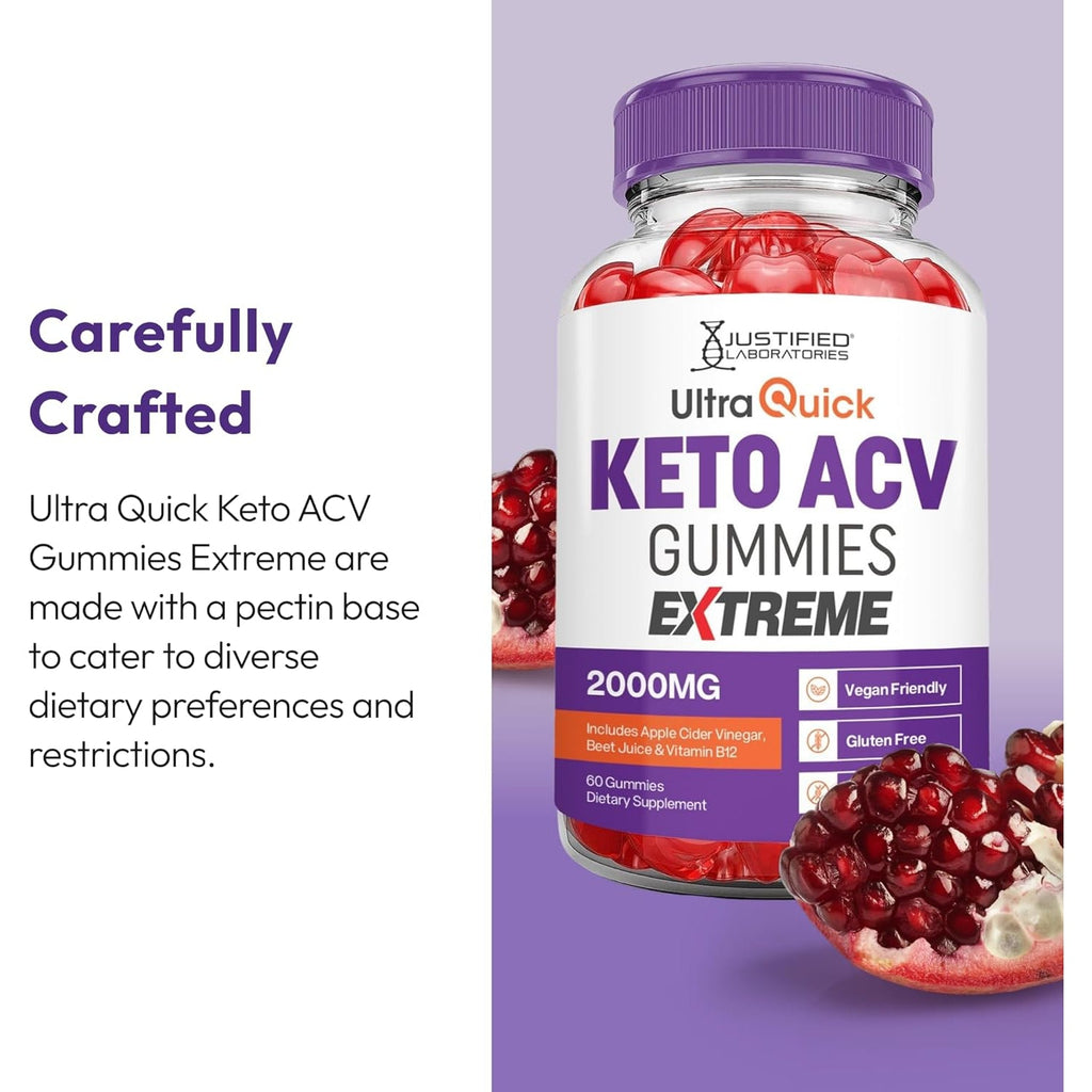 Justified Laboratories Ultra Quick Keto ACV Gummies Extreme (2000 Mg) - 60 Count - Formulated with Apple Cider Vinegar, Folate & Vitamin B12 - Non-Gmo, Vegan, Gluten Free - 30 Servings
