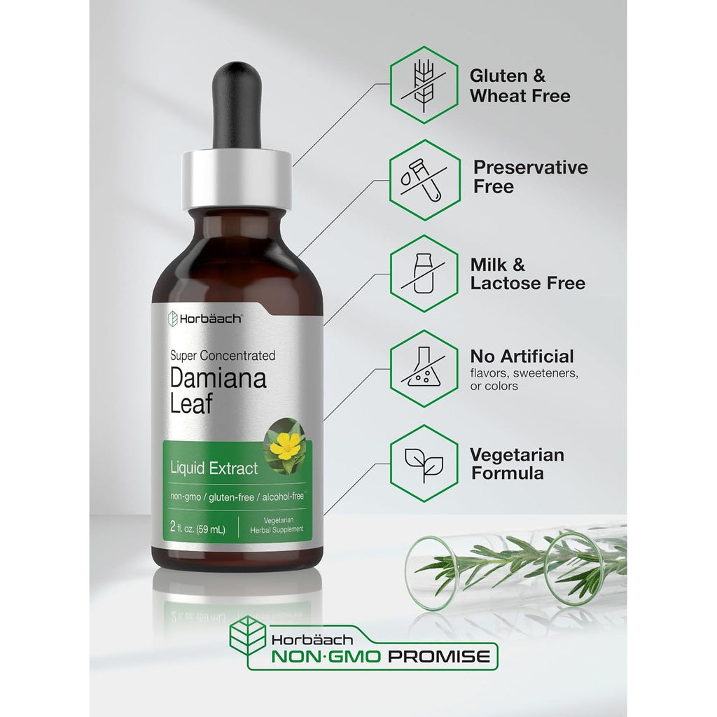 Horbäach Damiana Leaf Herb Tincture | 2 Fl Oz | Super Concentrated | Alcohol Free Liquid Extract | Vegetarian, Non-Gmo & Gluten Free Herbal Supplement