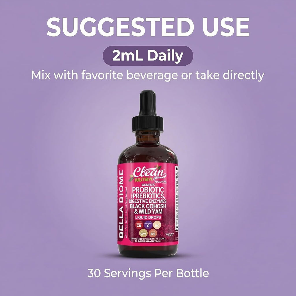 Liquid Probiotics for Women Drops with Chasteberry, Black Cohosh, Prebiotics, Digestive Enzymes, Evening Primrose Oil, Wild Yam, Cranberry Dmannose and Iron Vitamin D3 K2 Clean Nutra Bella Biotics