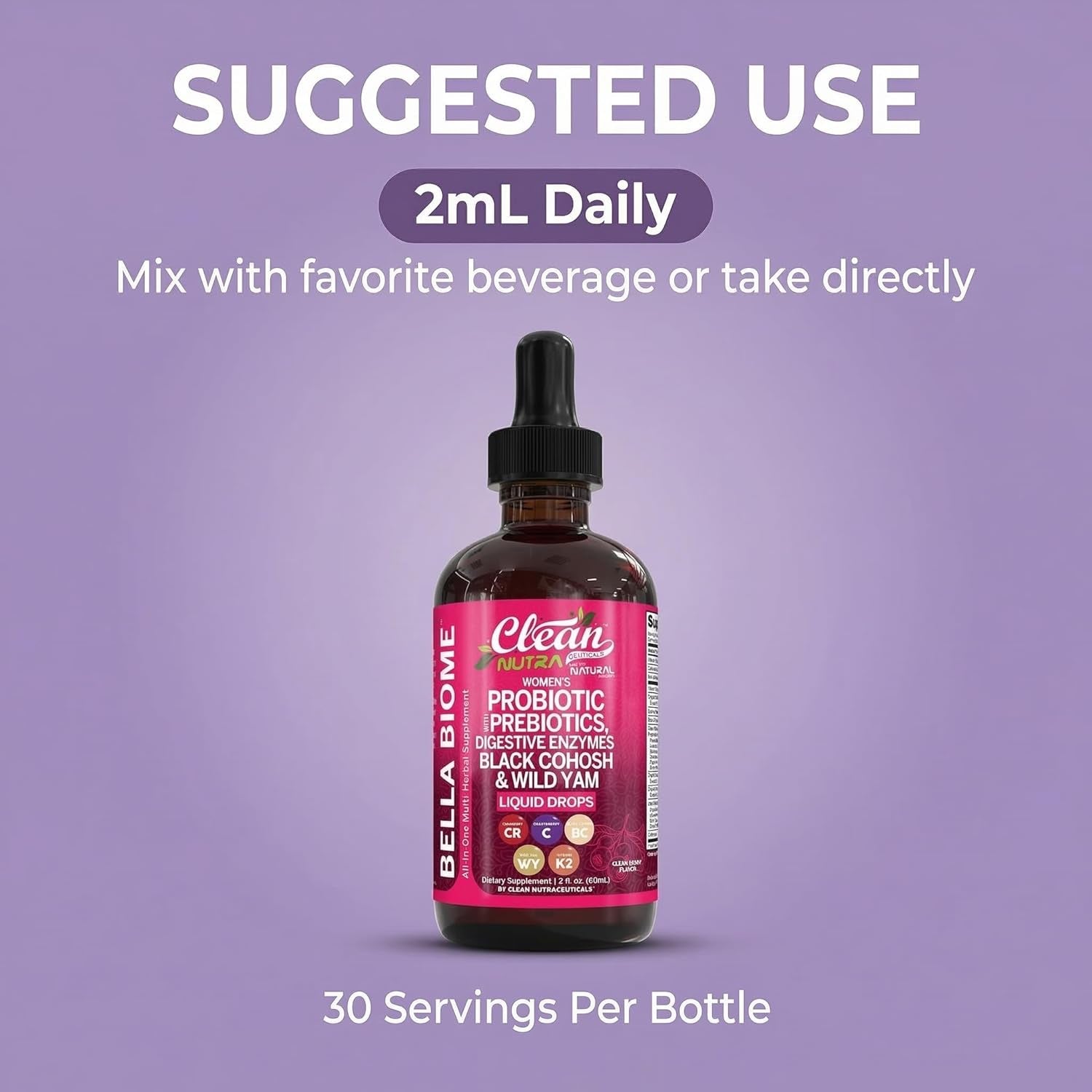 Liquid Probiotics for Women Drops with Chasteberry, Black Cohosh, Prebiotics, Digestive Enzymes, Evening Primrose Oil, Wild Yam, Cranberry Dmannose and Iron Vitamin D3 K2 Clean Nutra Bella Biotics