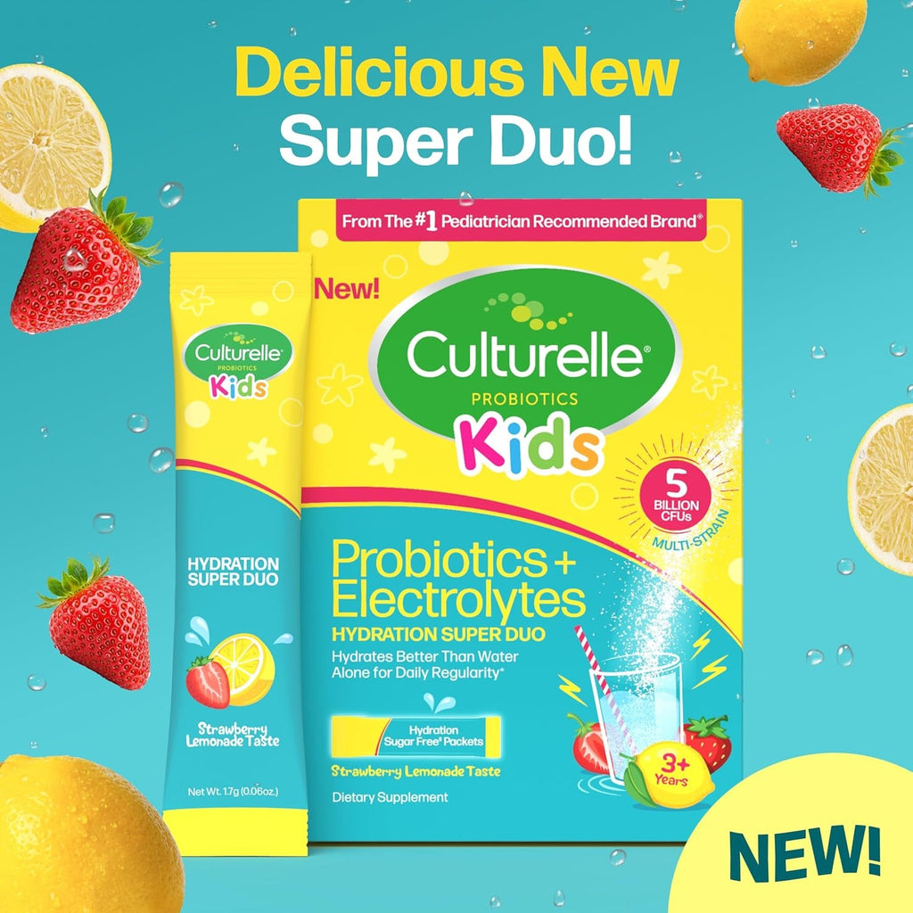 Culturelle® Kids Probiotics and Electrolytes Hydration Super Duo, Strawberry Lemonade, Sugar Free‡ Powder Packets for Immune and Digestive Support, 30 Count