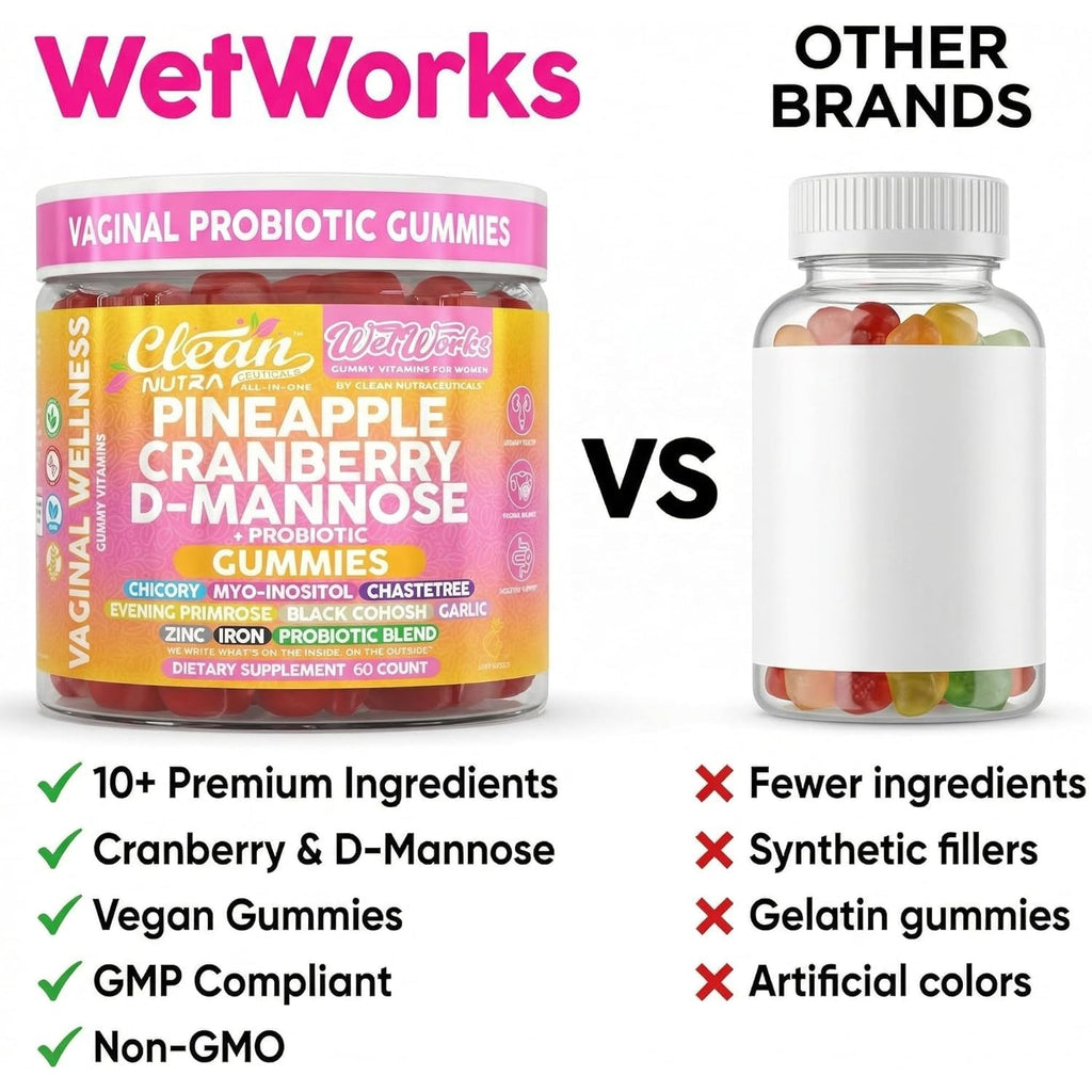 Wet Works Women'S Vaginal Probiotic Gummies Pineapple Cranberry Folic Acid D-Mannose Vitamin C Chicory Myo Inositol Garlic Black Cohosh Zinc Iron Evening Primrose Chastetree 60 Count by Clean Nutra