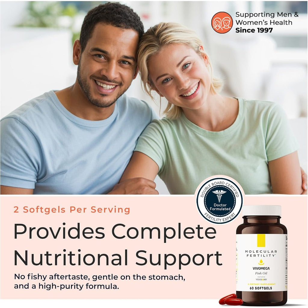 VIVOMEGA Fish Oil with Vesisorb® - Fertility Supplement for Women & Men - Doctor Formulated EPA DHA Omega 3 Fatty Acids, Vitamin D3 K2 for Reproductive Wellness - 60 Softgels