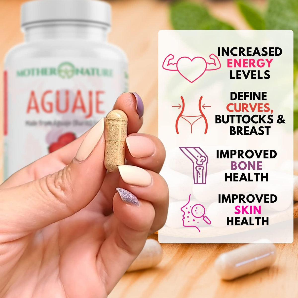 Mother Nature Aguaje Curves Capsules for Women, 1000Mg (120Ct), Natural & Sustainably Sourced Aguaje Fruit from Peru for Female Health, Hormone Balance, Curve Enhancer, Vegan, Non-Gmo & Gluten-Free