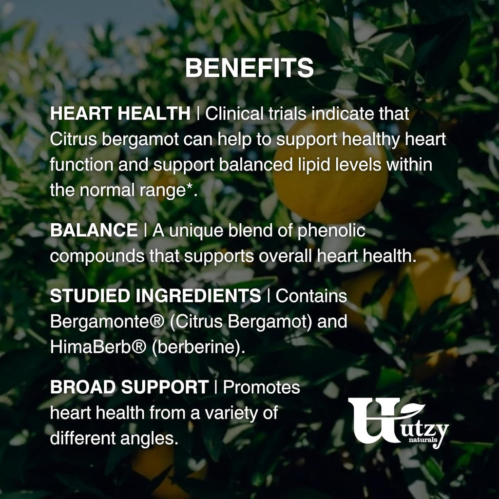 Utzy Naturals Berbercol | 500Mg Citrus Bergamot (As Bergamonte) & Berberine | Naturally Supports Heart Health and More | 60 Capsules