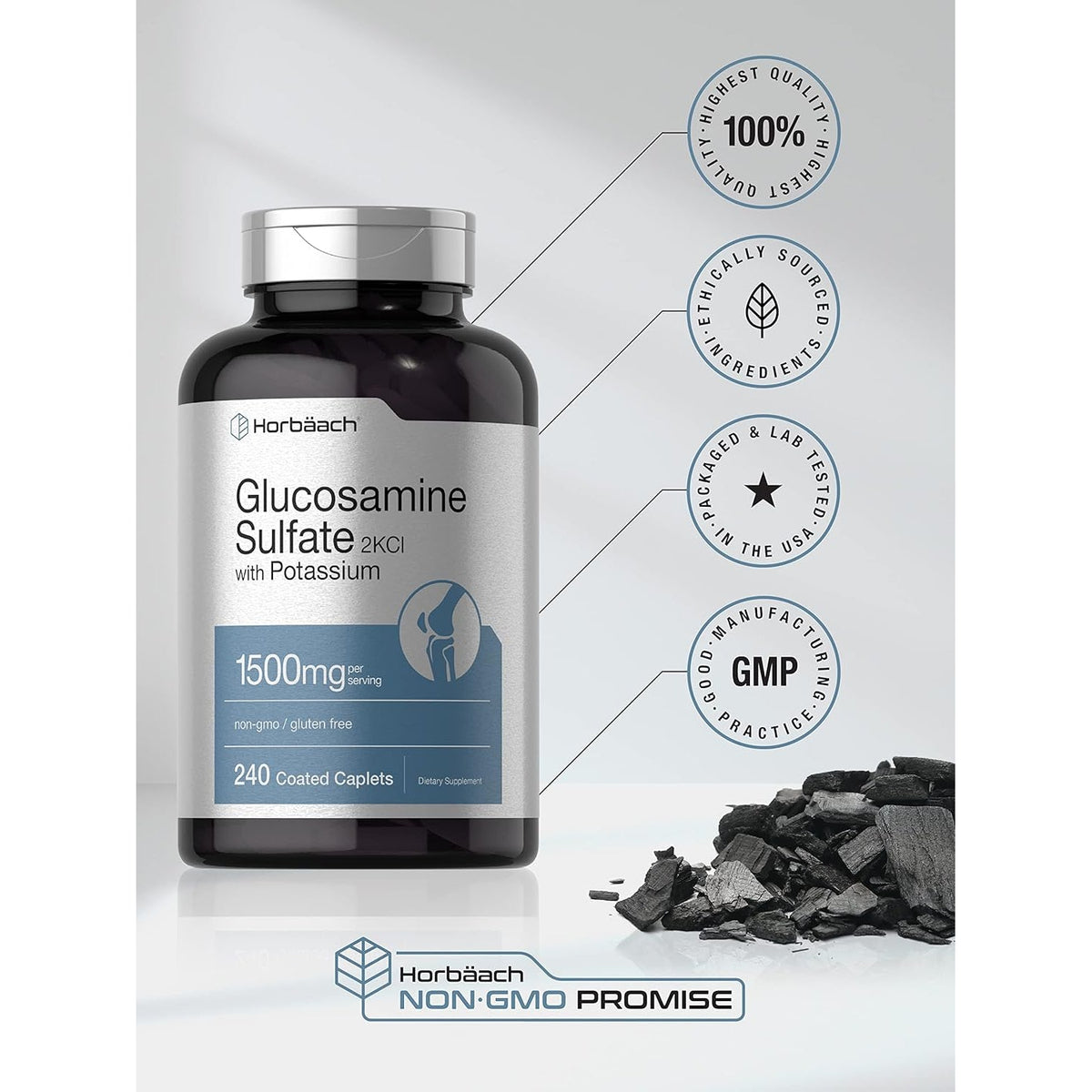 Horbäach Glucosamine Sulfate 1500Mg | 240 Caplets | 2KCI with Potassium | Non-Gmo and Gluten Free Supplement