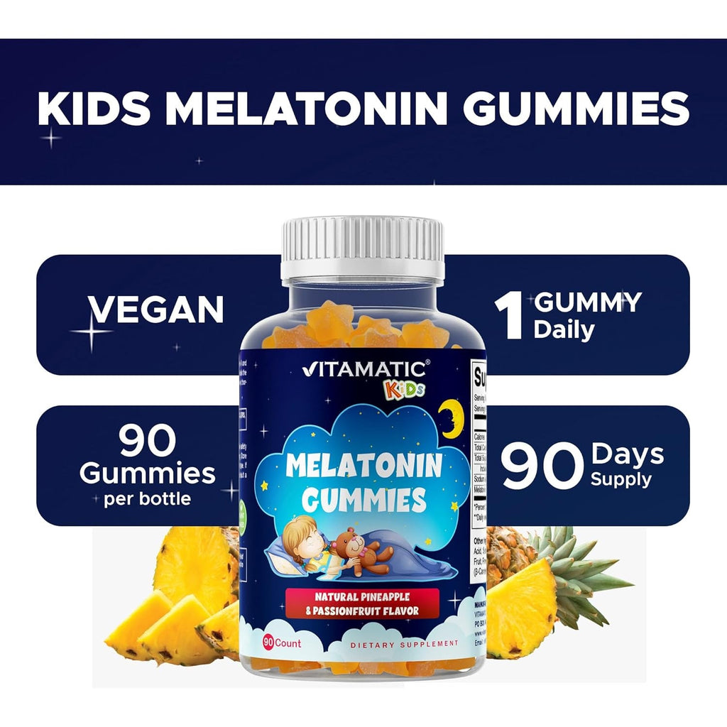 Vitamatic Sugar Free Kids Melatonin 1Mg, 90 Gummies, Pineapple & Passionfruit Flavored Gummies, 90 Days Supply