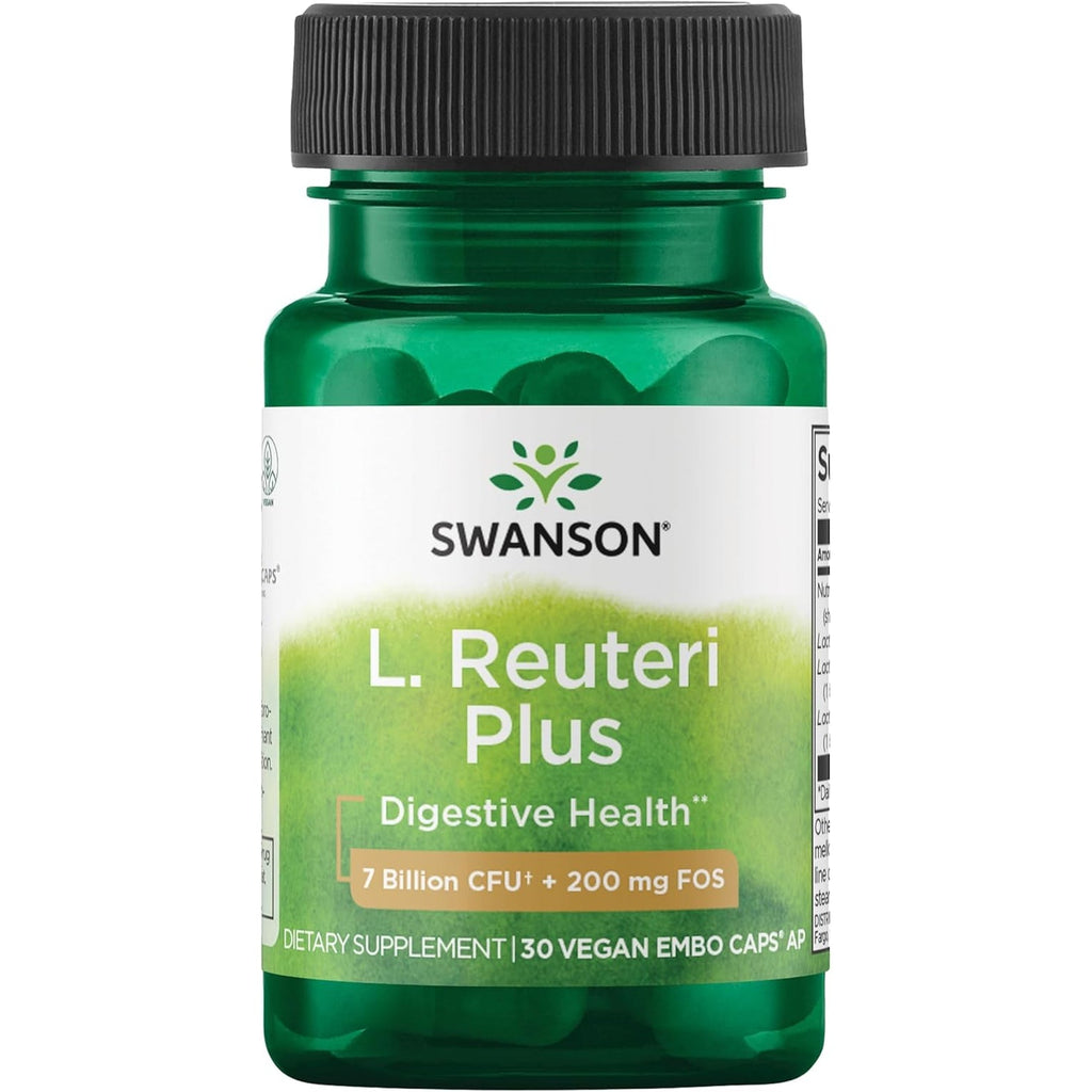 Swanson L. Reuteri Probiotic plus with L. Rhamnosus, L. Acidophilus & FOS Prebiotic for Gut-Health-Conscious Adults - 7 Billion CFU (30 Vegan Capsules)