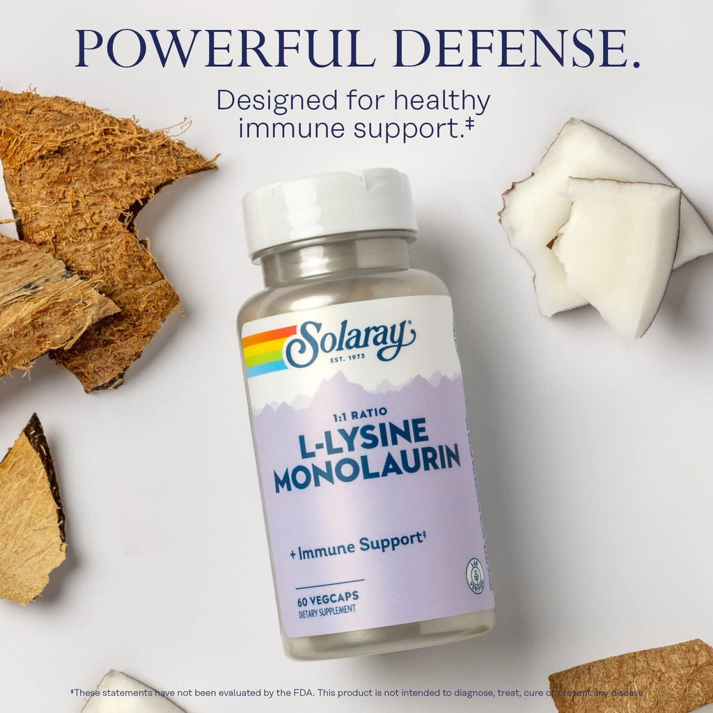 SOLARAY L-Lysine Monolaurin Immune Support Supplement, 1:1 Ratio for Immune System Function, 500 Mg Each, 60-Day Money Back Guarantee, 30 Servings, 60 Vegcaps
