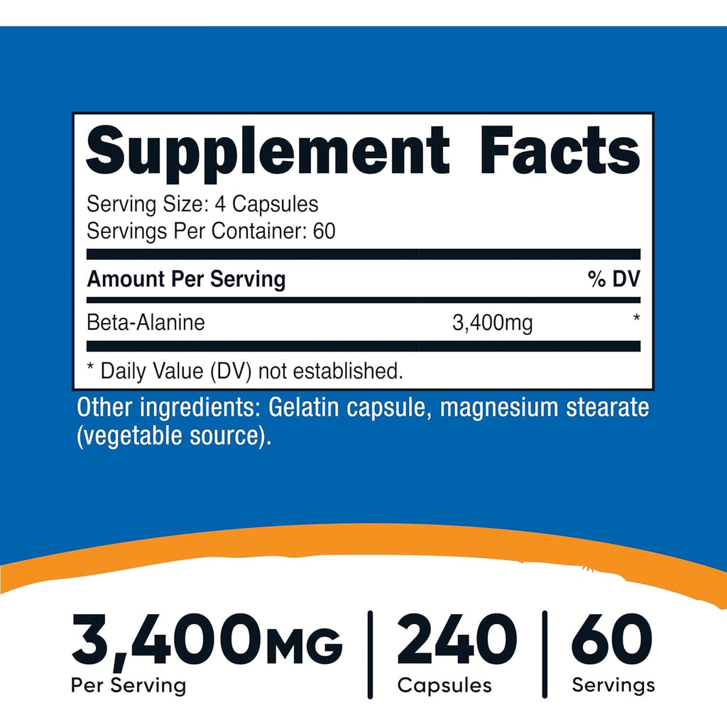Nutricost Beta-Alanine Capsules 3400Mg, 240 Capsules (60 Serv) - Potent Beta Alanine, Gluten Free & Non-Gmo, 850Mg per Cap