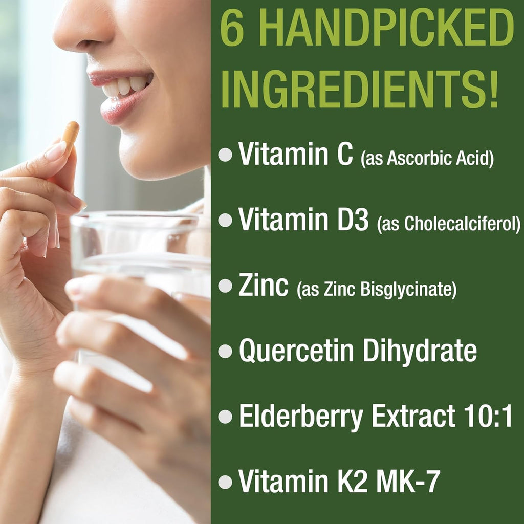 Peak Performance Immune Support Supplement - 6 Top Ingredients Vitamin D3 K2, Vitamin C, Elderberry, Zinc, Quercetin - Includes 5000 IU Vitamin D - Immunity Capsules - Supplements for Women and Men