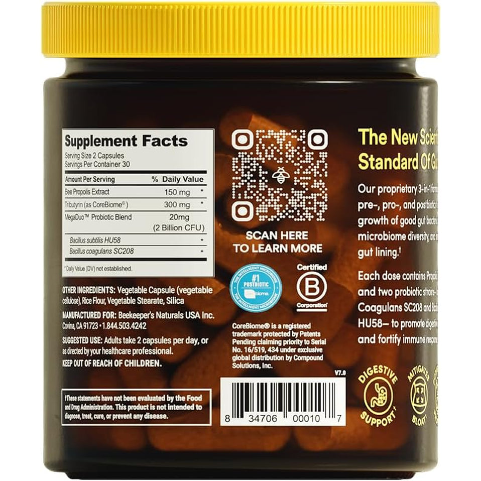 Complete Gut Health by Beekeeper'S Naturals, 3-In-1 Prebiotic, Postbiotic, Probiotics for Digestive Health & Bloating Relief for Women & Men, Propolis Powered, Gluten-Free Vegan Capsules, 60Ct