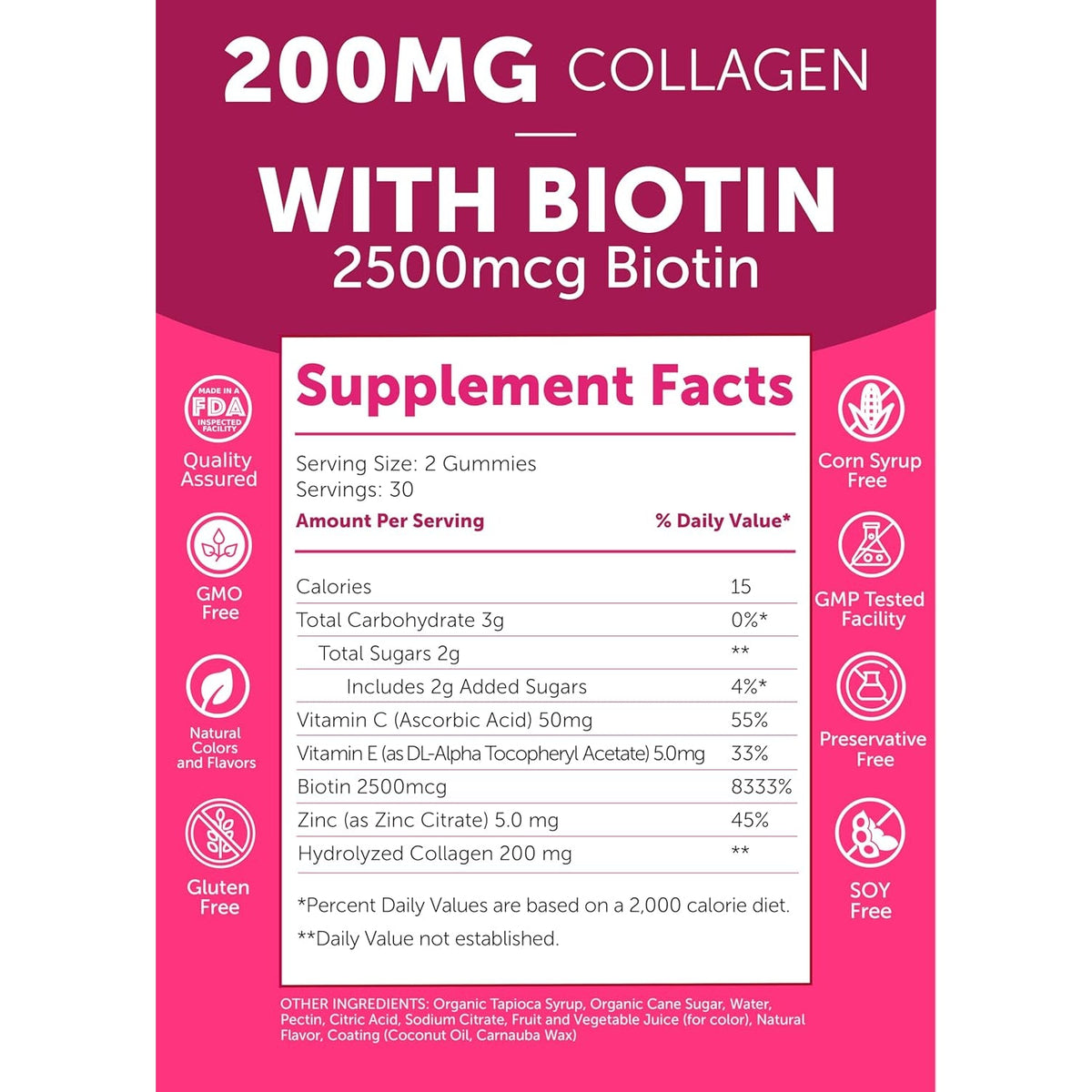 Lunakai USA Made Collagen Peptides Gummies - 200Mg Non-Gmo Anti-Aging Formula with Biotin, Zinc, Vitamins C & E for Hair, Skin and Nails, 60Ct