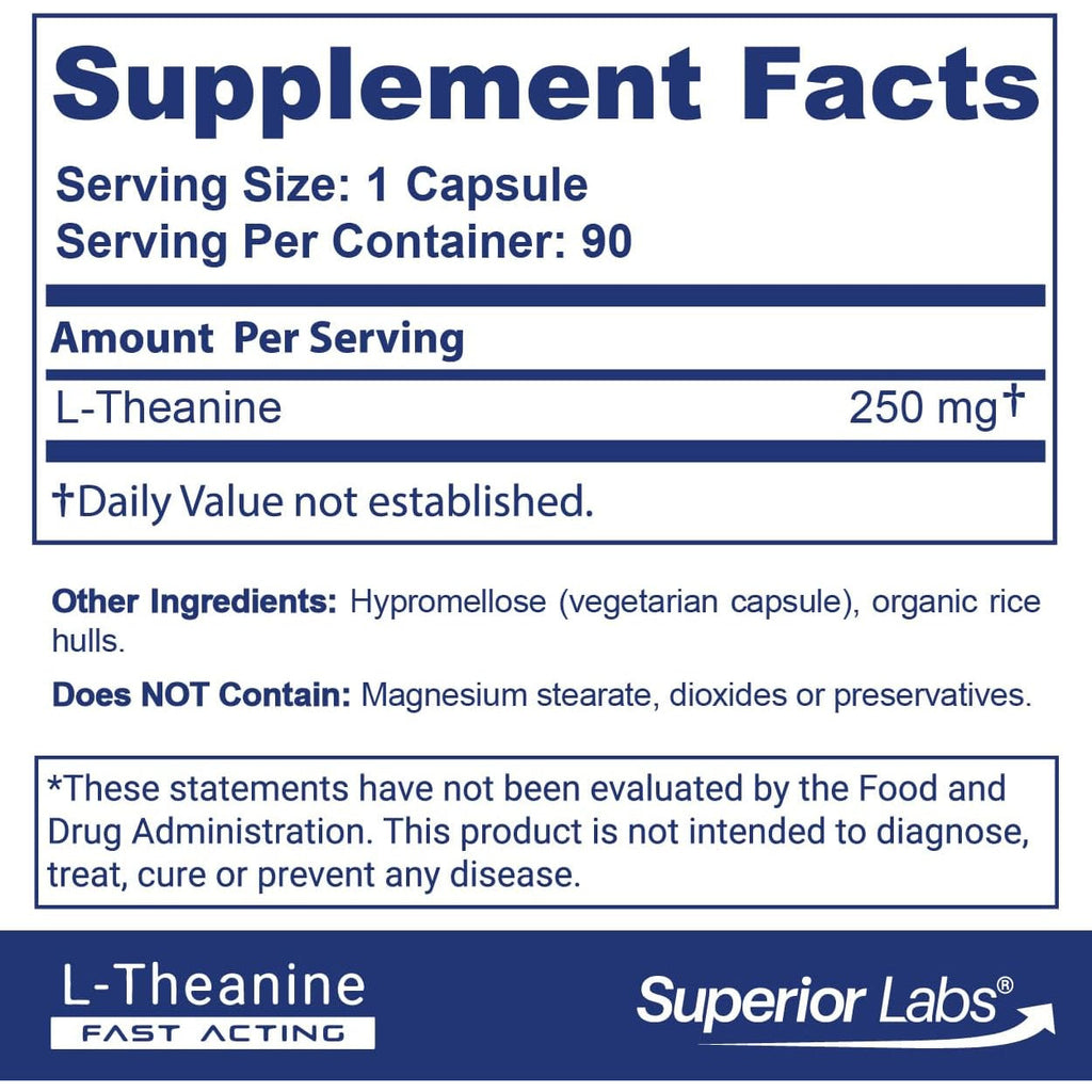Superior Labs L-Theanine 250 Mg Capsules, Non-Gmo, Promotes Non Drowsy Relaxation & Helps Ease Everyday Stress, Supports Healthy Sleep, Promotes a Focused Mind, High Absorption, 90 Veg Caps
