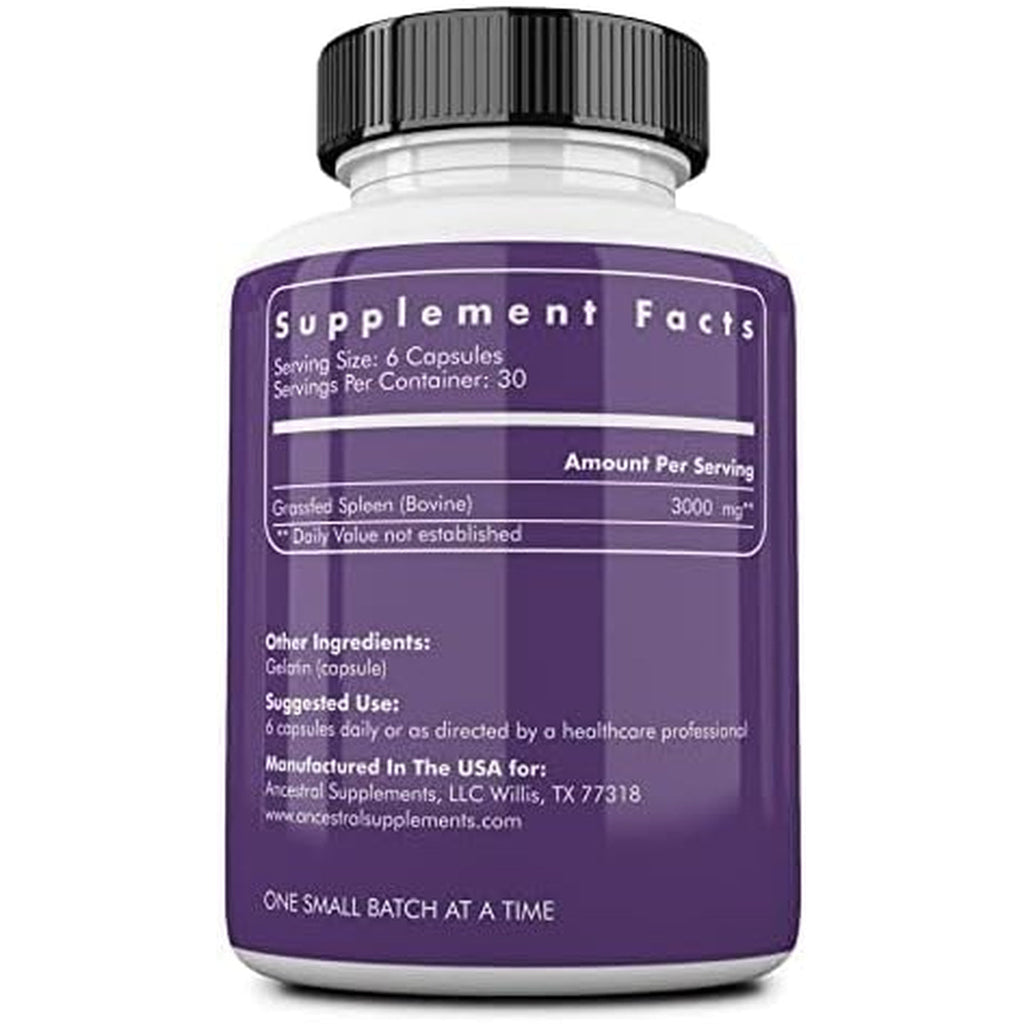 Ancestral Supplements Grass Fed Beef Spleen Supplement, 3000Mg Beef Organ Spleen Support Formula Promotes Digestive, Immune, Iron, Energy and Allergy Health, Non GMO, 180 Capsules