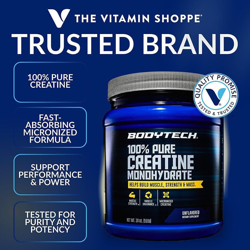 Bodytech Creatine Monohydrate Powder, Unflavored Micronized Creatine Formula for Men and Women, 5G per Serving, Pre Workout & Post Workout Supplement, Gluten Free, Sugar Free, 18 Oz, 102 Servings