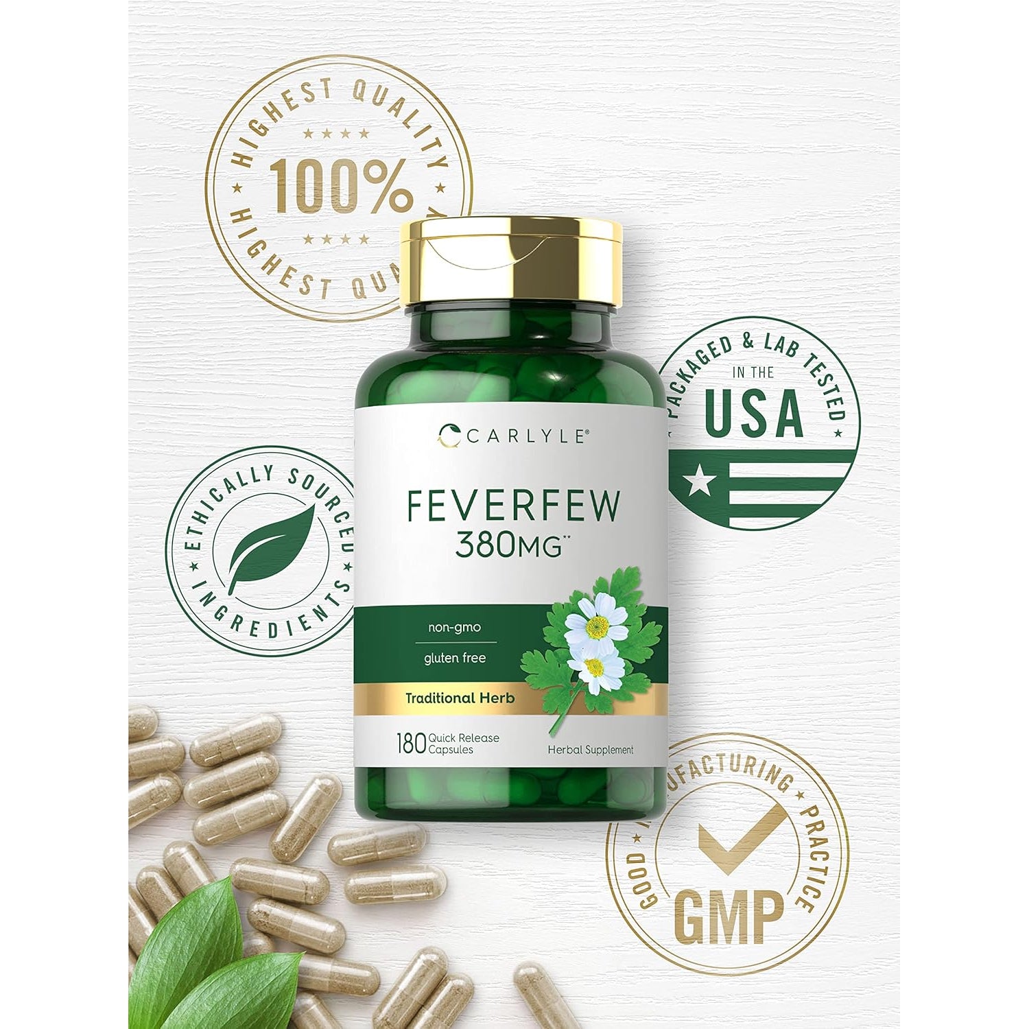 Carlyle Feverfew Capsules | 180 Count | Traditional Herb Extract | Non-Gmo, Gluten Free