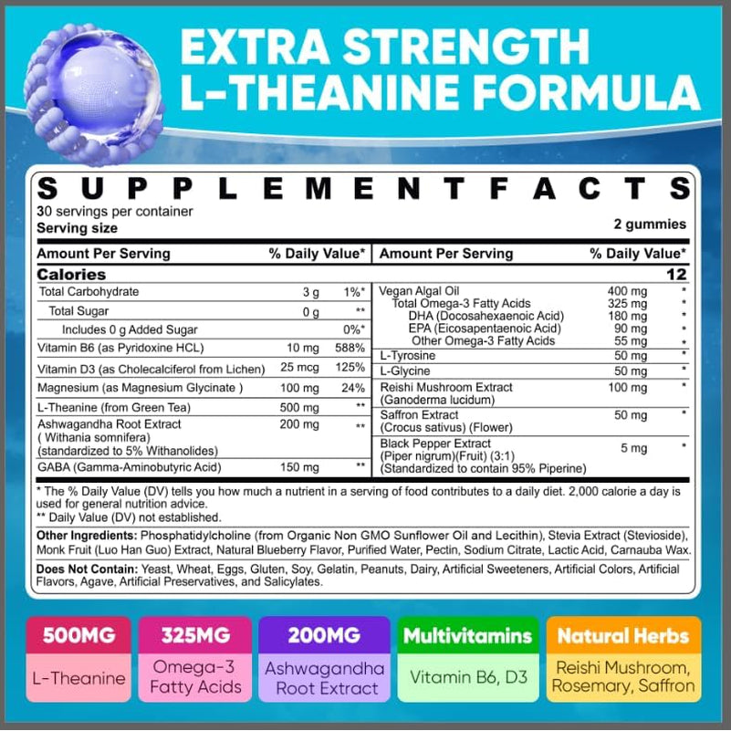 L Theanine Calm Gummies 500Mg, Sugar-Free Liposomal L-Theanine Supplement, W/Safforn, Magnesium Glycinate, GABA, Ashwagandha, Algae Omega-3, Vitamin D3 B12, for Brain Calm, Relax, Mood, Zzz, 120Cts