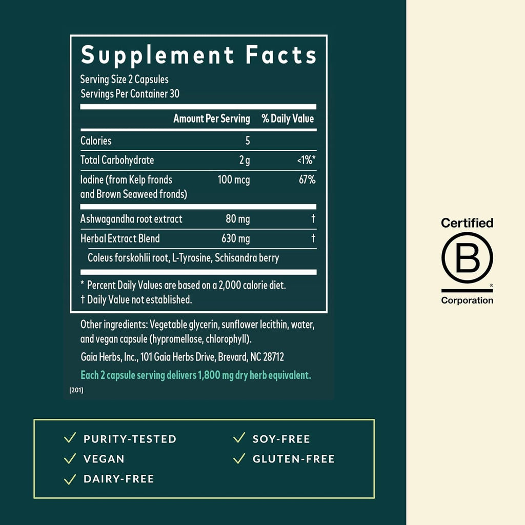 Gaia Herbs Thyroid Support - Made with Ashwagandha, Kelp, Brown Seaweed & Schisandra to Support Healthy Metabolic Balance & Overall Well-Being* - 60 Vegan Liquid Phyto-Caps (30 Servings)