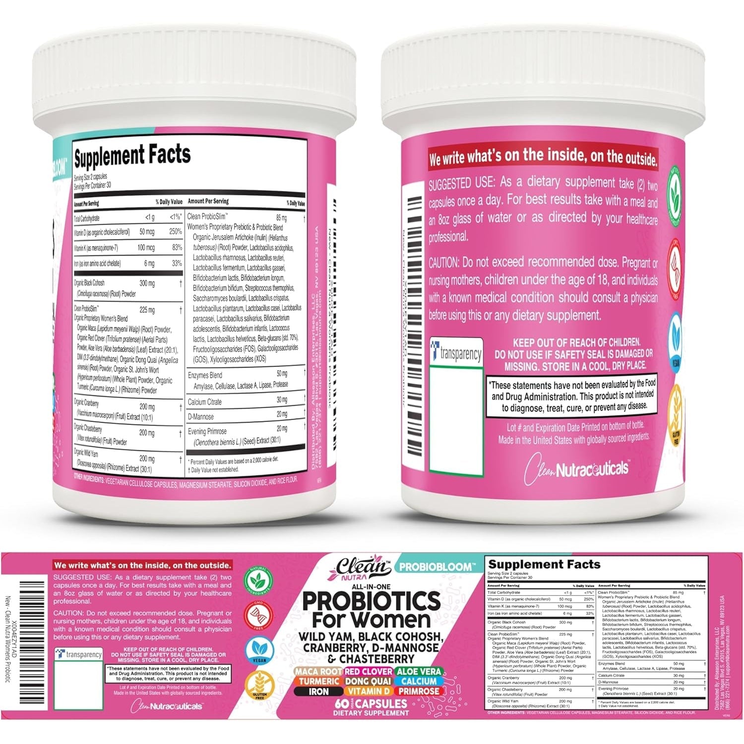 Clean Nutraceuticals Probiotics for Women with D Mannose, Cranberry Extract, Wild Yam, Chasteberry - 20 Probiotic and Prebiotic Strains - PH Balance, Womens Probiotic for Digestive Health - 60 Count
