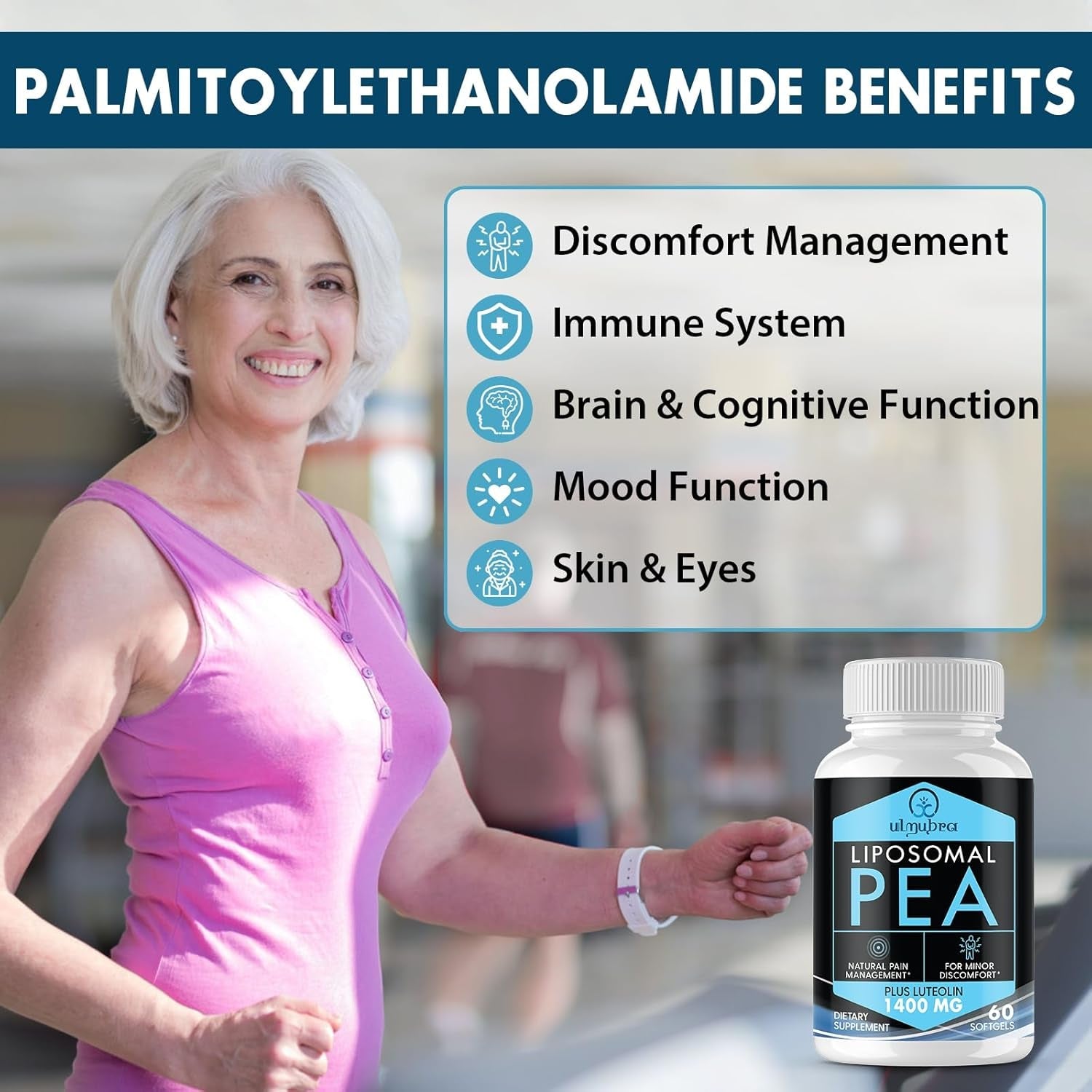 Ulmubra Liposomal Palmitoylethanolamide 1300 MG plus Luteolin 100 MG, Superior Absorption, Micronized Pea Supplement for Discomfort Management, 60 Softgels