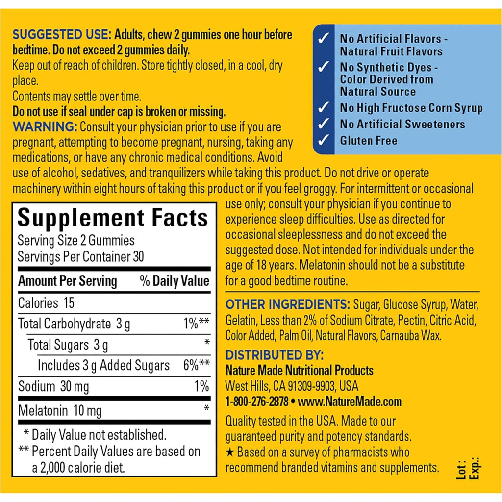 Nature Made Time Release Melatonin Gummies 10Mg per Serving, Maximum Strength Dosage Sleep Aid for Adults, 100% Drug Free, 60 Gummies, 30 Day Supply