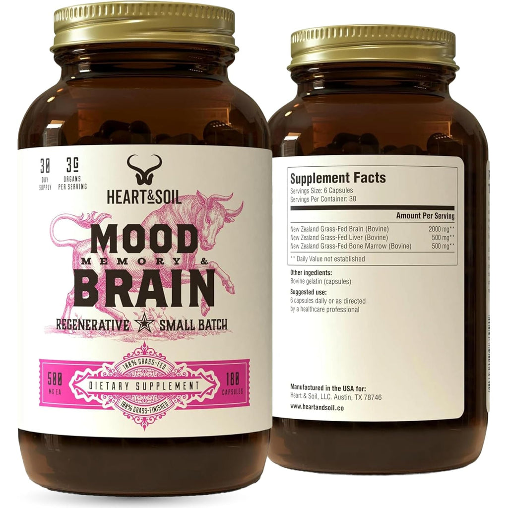 HEART & SOIL – 100% Grass Fed & Finished Beef Brain Supplement from Regenerative Cattle – for Cognitive Function & Memory – 3000Mg Focus Supplement with Beef Organs – Glass Bottle – 180 Capsules
