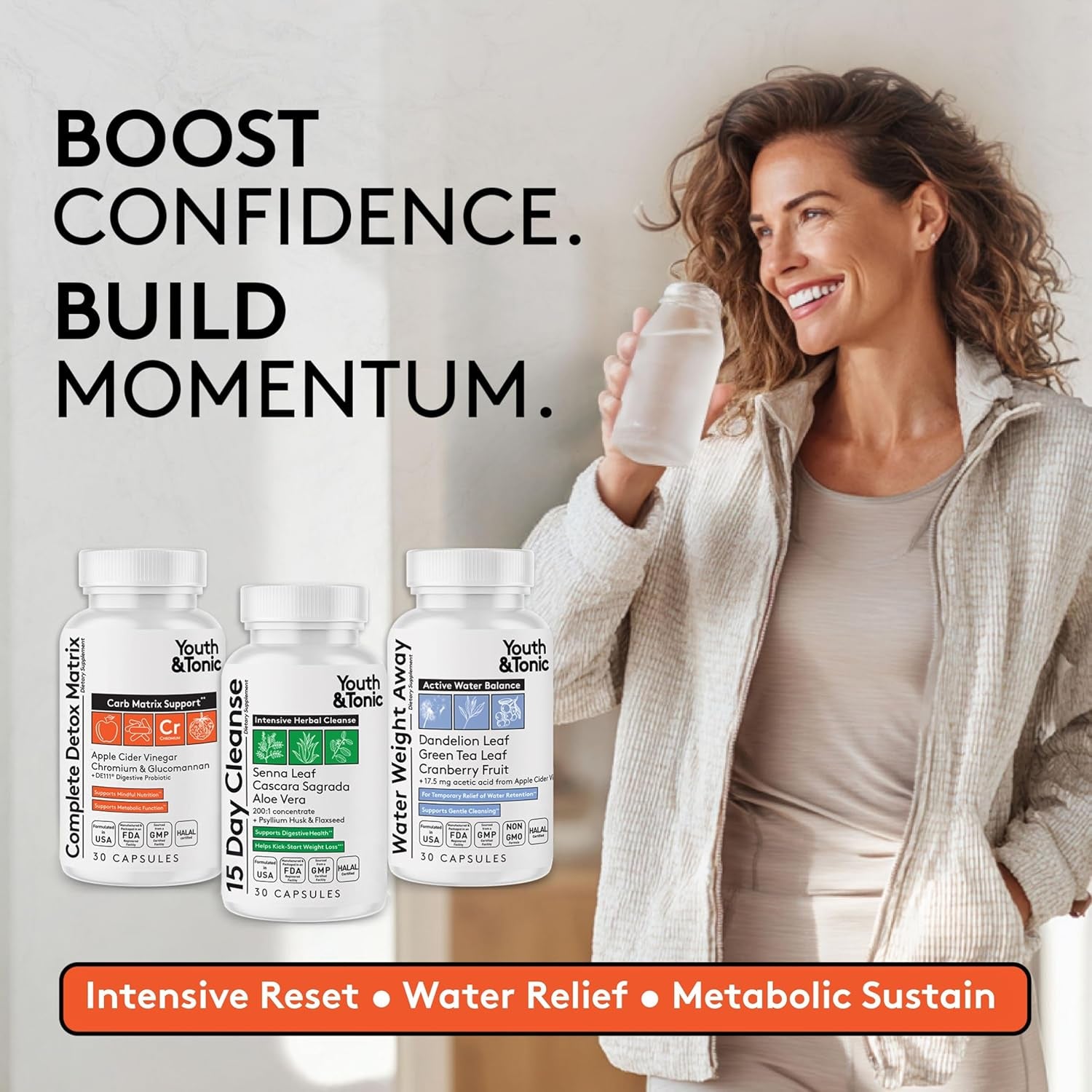 Youth & Tonic 3Pk Detox Cleanse Kick-Off - Colon Cleanser & Water Loss Support - 15 Day Weight Management for Bloating & Water Retention Relief, Body, Gut & Colon Cleanse - 90 Capsules for Women & Men