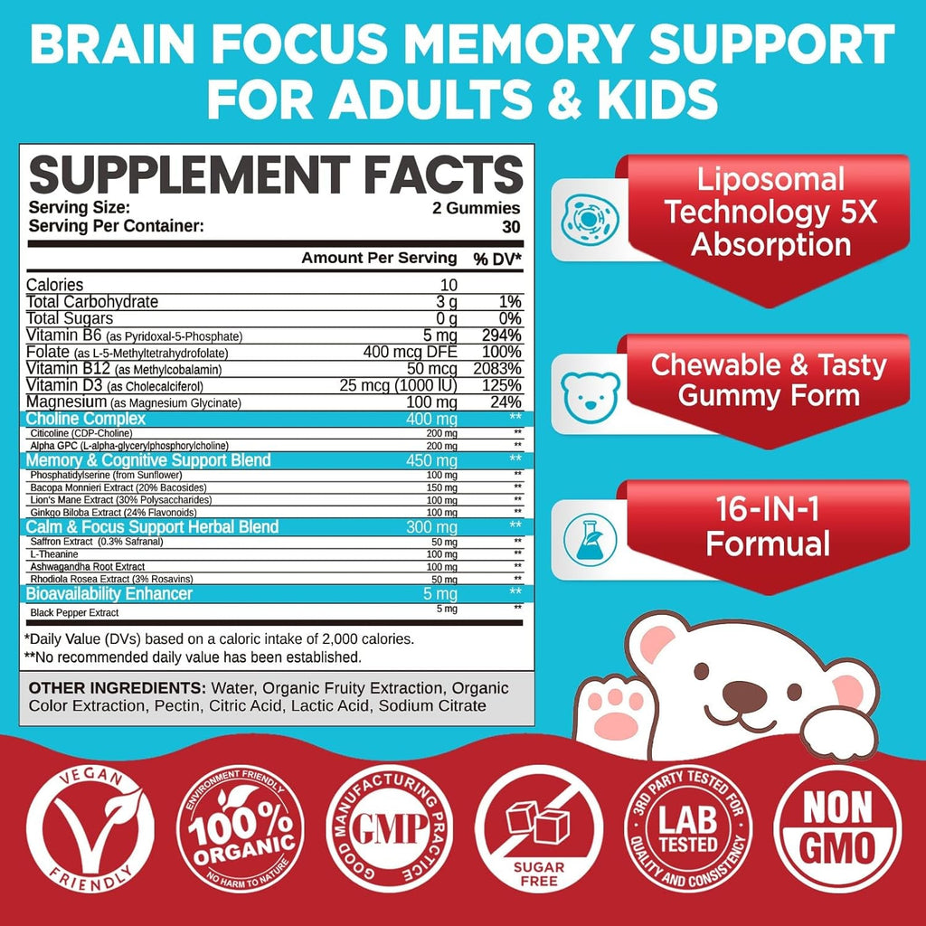 Brain Supplement Gummies, with Choline, Lion’S Mane Mushroom, Phosphatidylserine & More, Brain Supplement for Memory and Focus Support, Adults & Kids, Vegan, Sugar Free, Organic, 60 Gummies